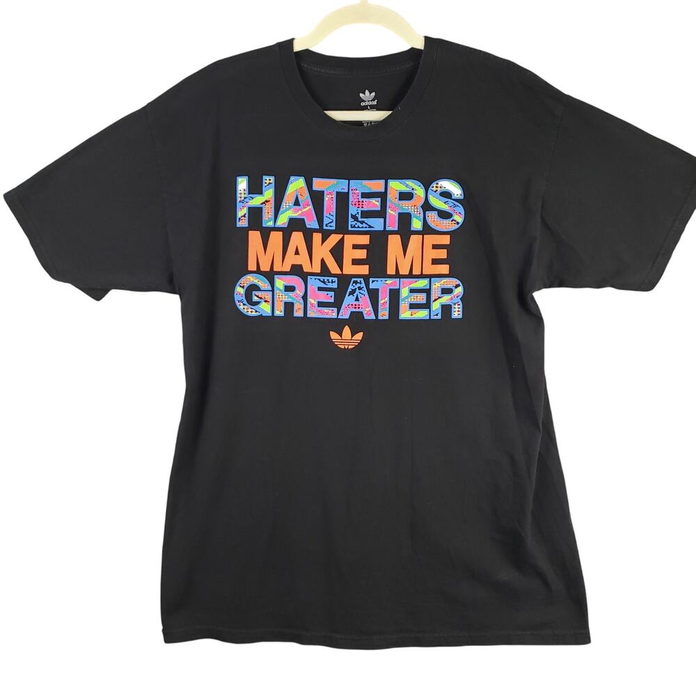 Adidas Size L Haters Make Me Greater Hraphic Tee Shirt Black Neon Swirl Athletic
